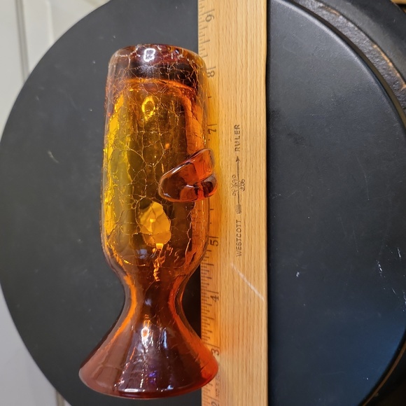 Blenko Crackle Amber Vase with Applied Leaf 5.25" - Picture 11 of 12